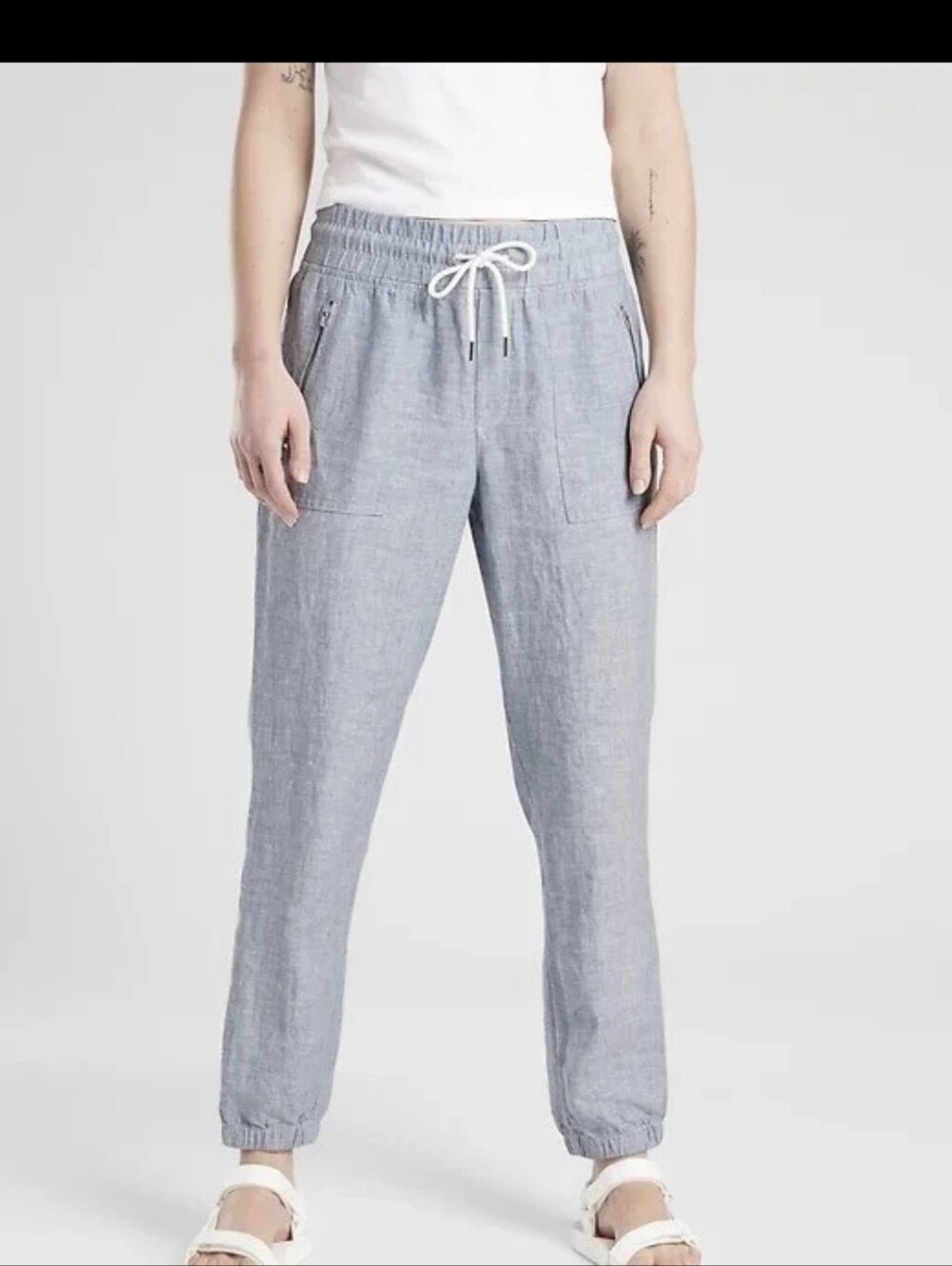 Athleta Cabo Linen Jogger Pants Chambray Blue Size 12